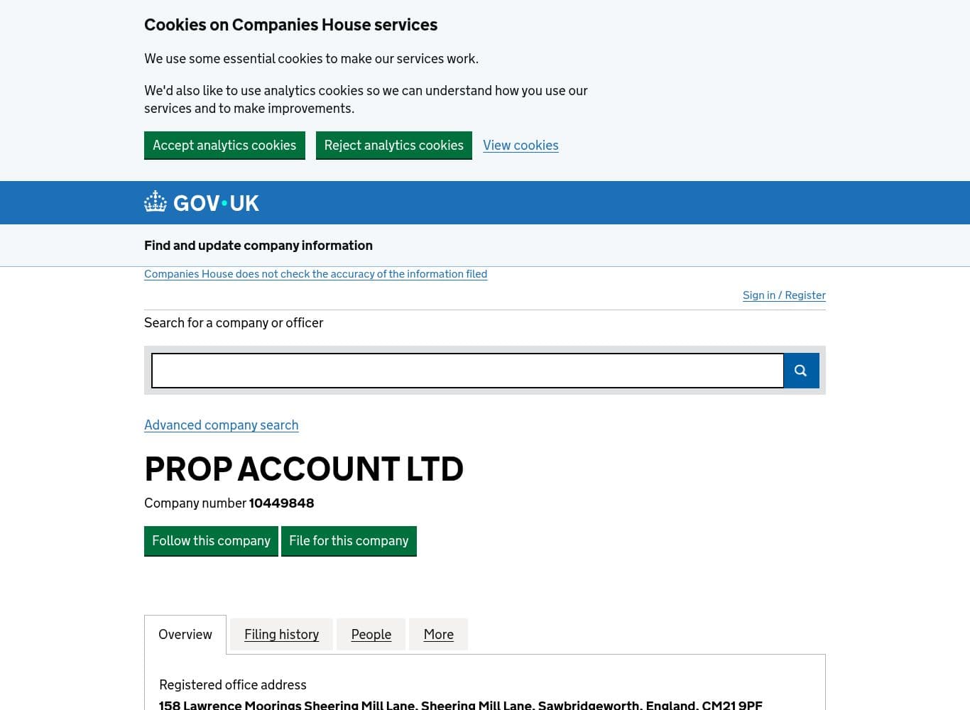 Companies House entry showing Forest Park FX Limited renamed PROP ACCOUNT LTD with an active proposal to strike off