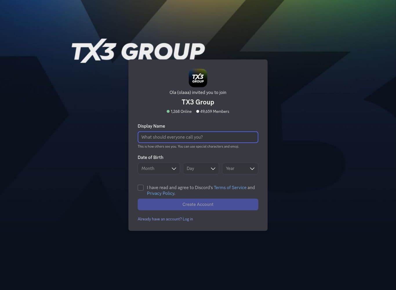 Official TX3 Group Discord server showing member and online counts