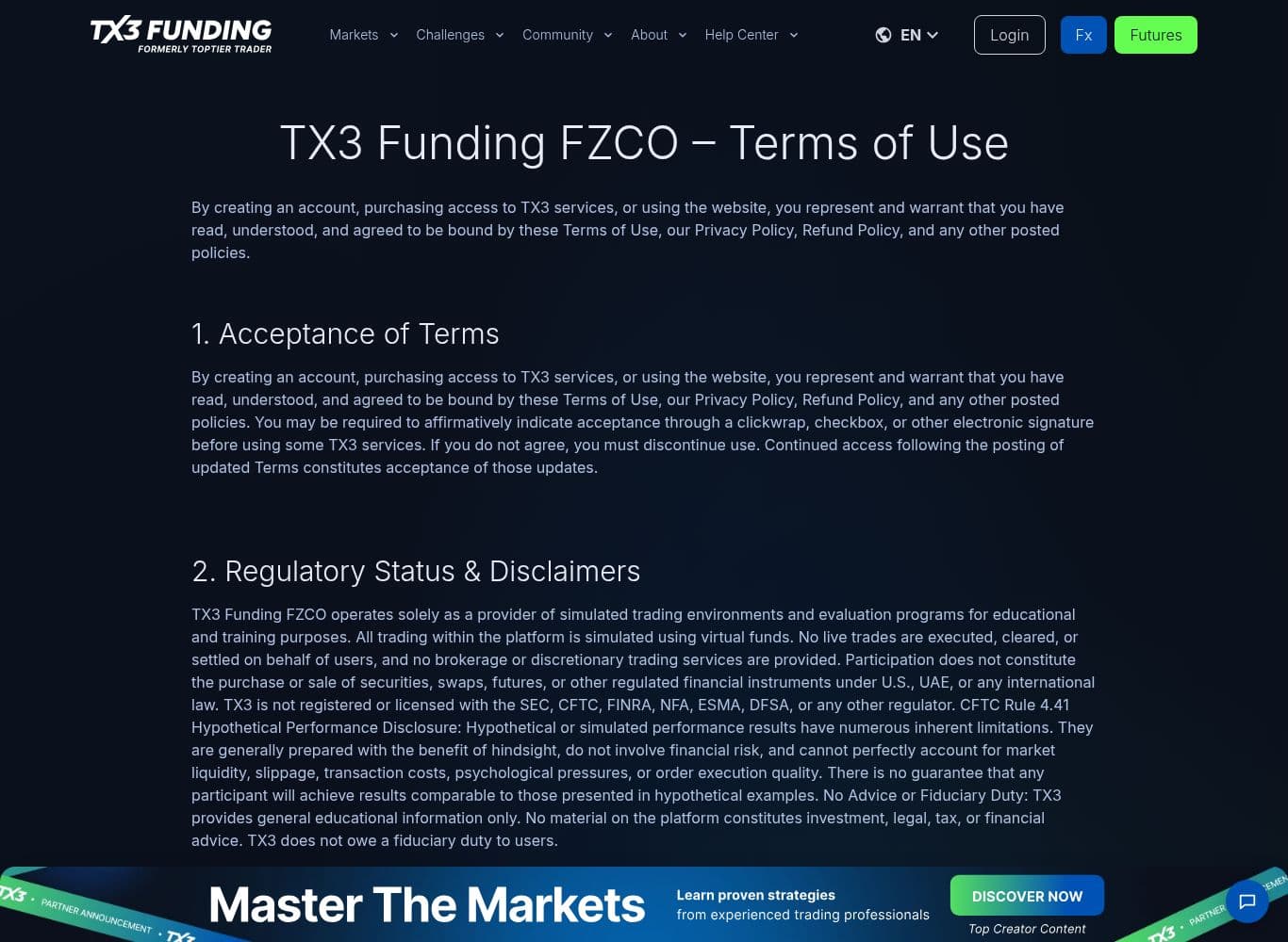 Terms of Use headed TX3 Funding FZCO, containing the retroactive amendment and payout forfeiture clauses