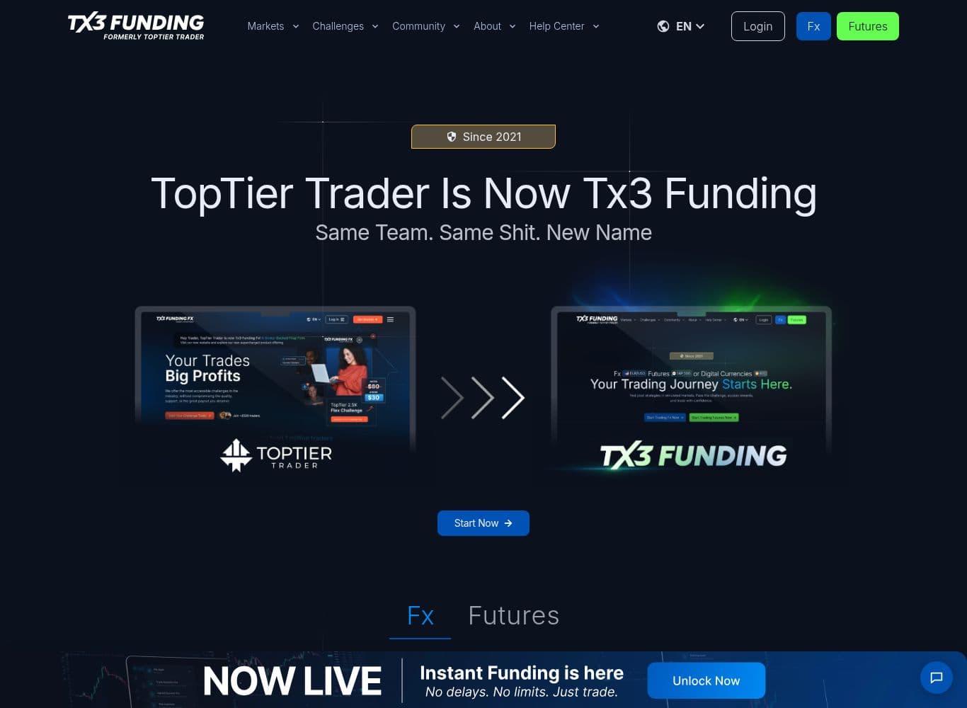The firm's own page announcing the TopTier Trader to TX3 Funding rebrand
