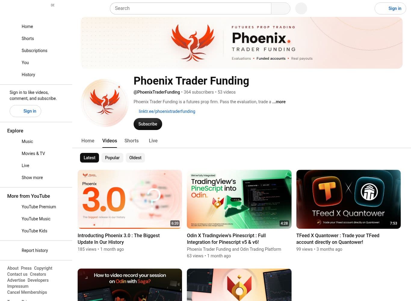 YouTube channel with 364 subscribers and 53 videos, most recent upload announcing the Phoenix 3.0 release