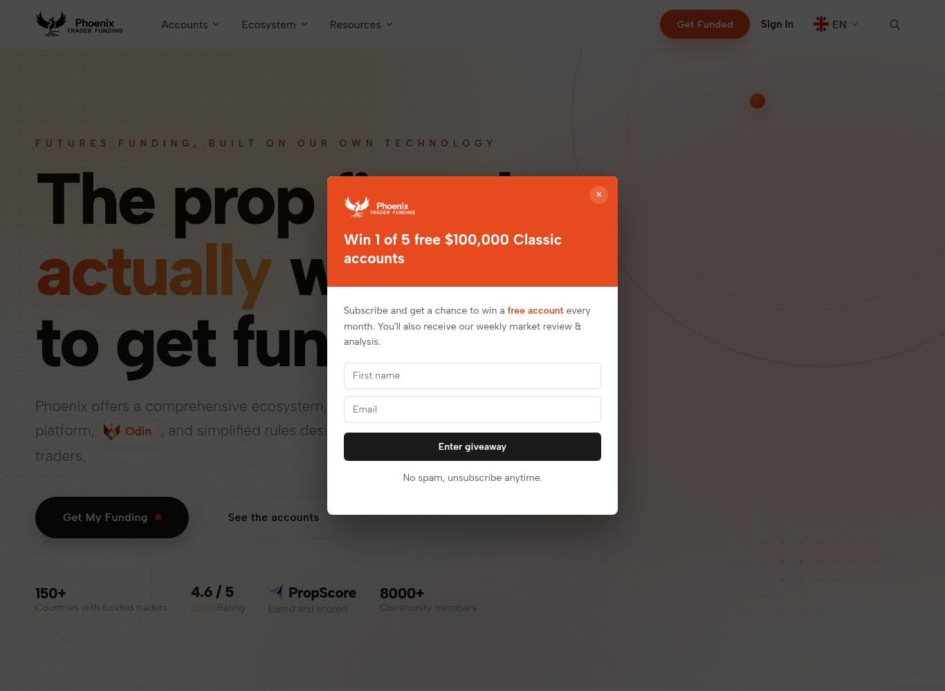 Phoenix Trader Funding homepage showing the four account lines, pricing and the live funding path with EdgeClear