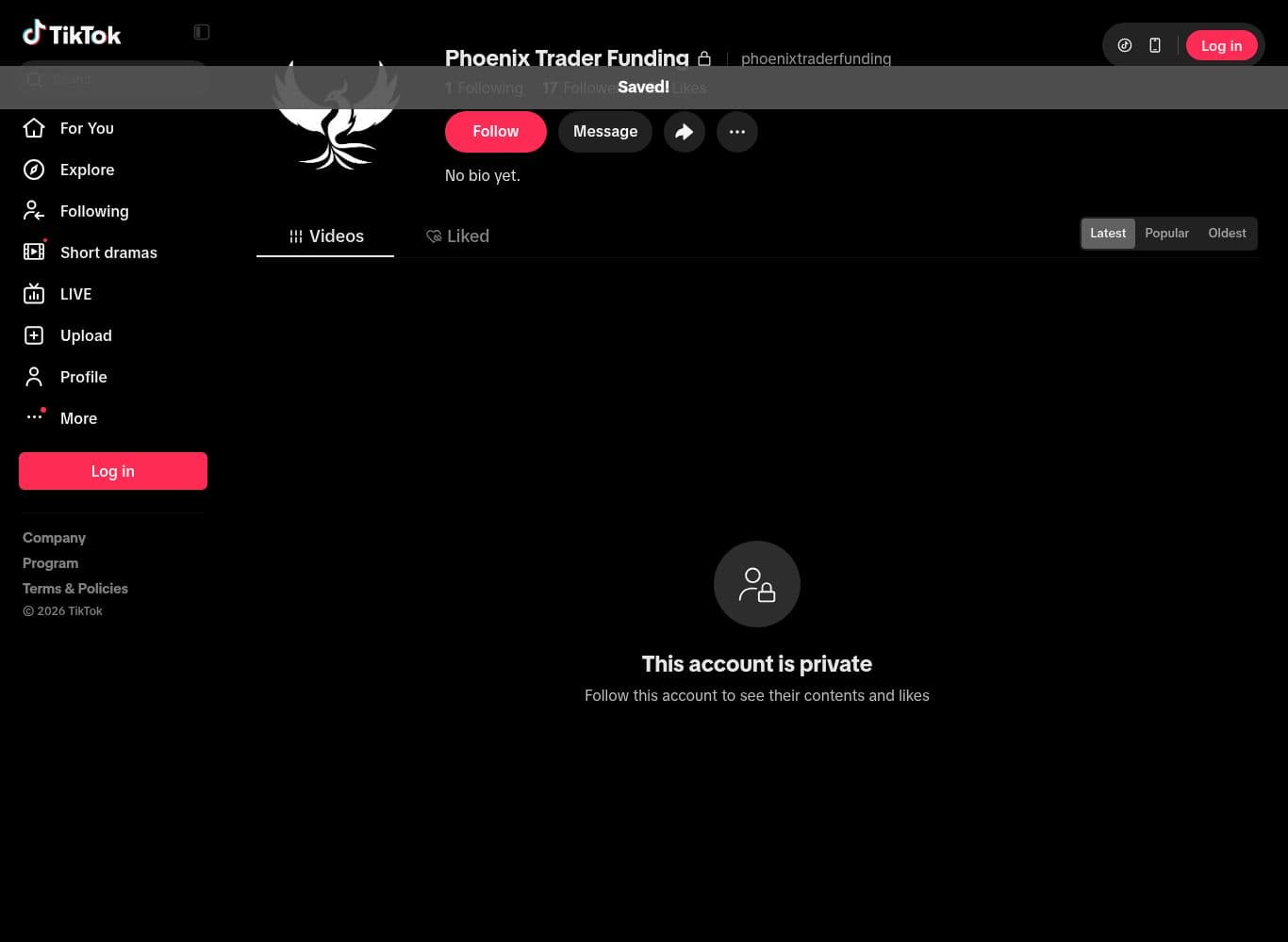 TikTok account linked from the site footer, set to private with 17 followers