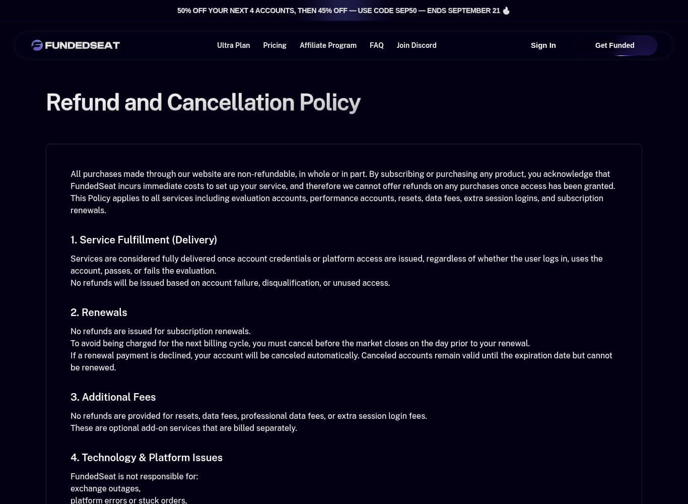Refund policy providing for forfeiture of all unpaid profits where a chargeback is filed