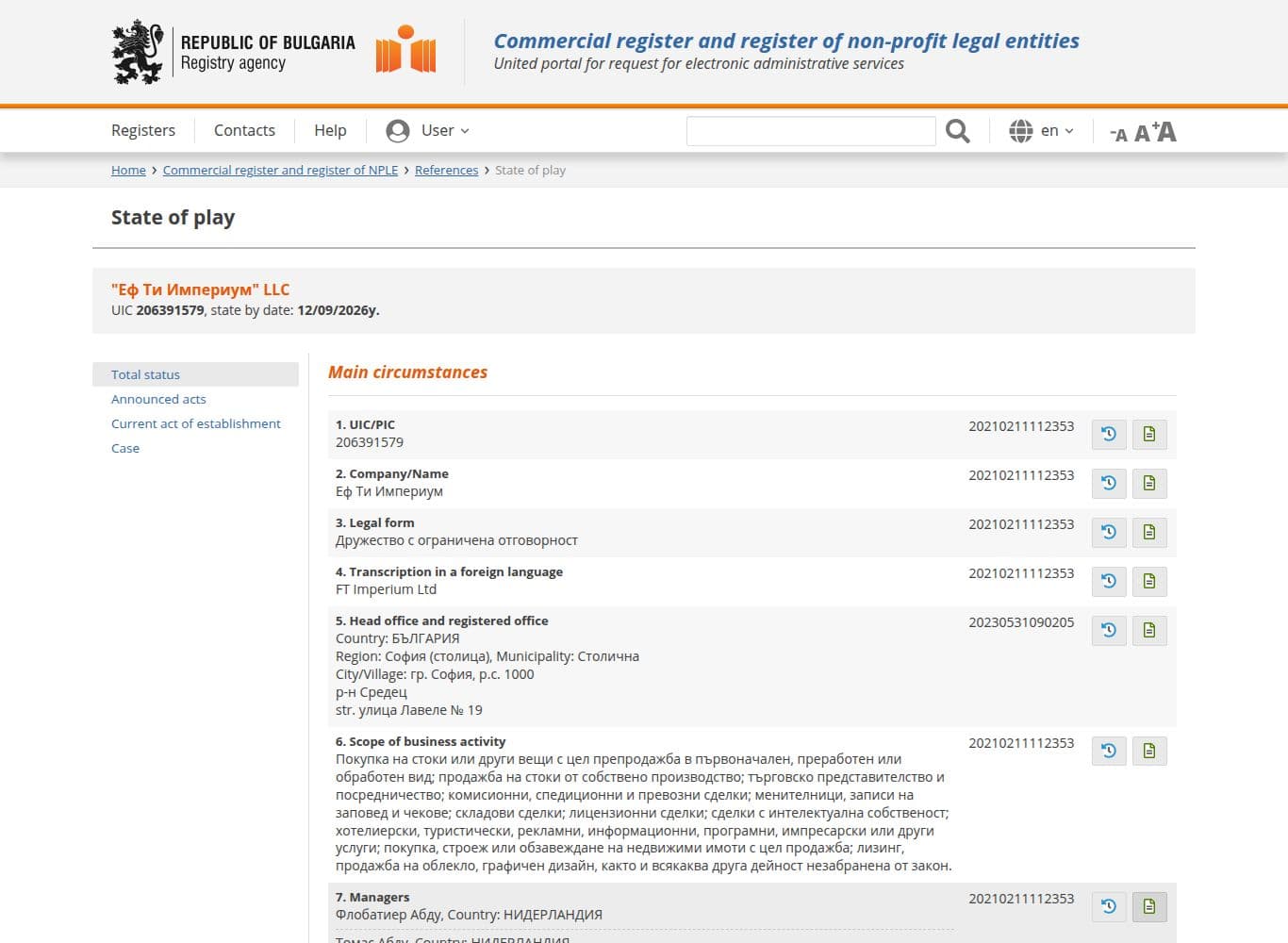 Bulgarian Commercial Register entry for FT Imperium Ltd, UIC 206391579, showing address, owners and capital