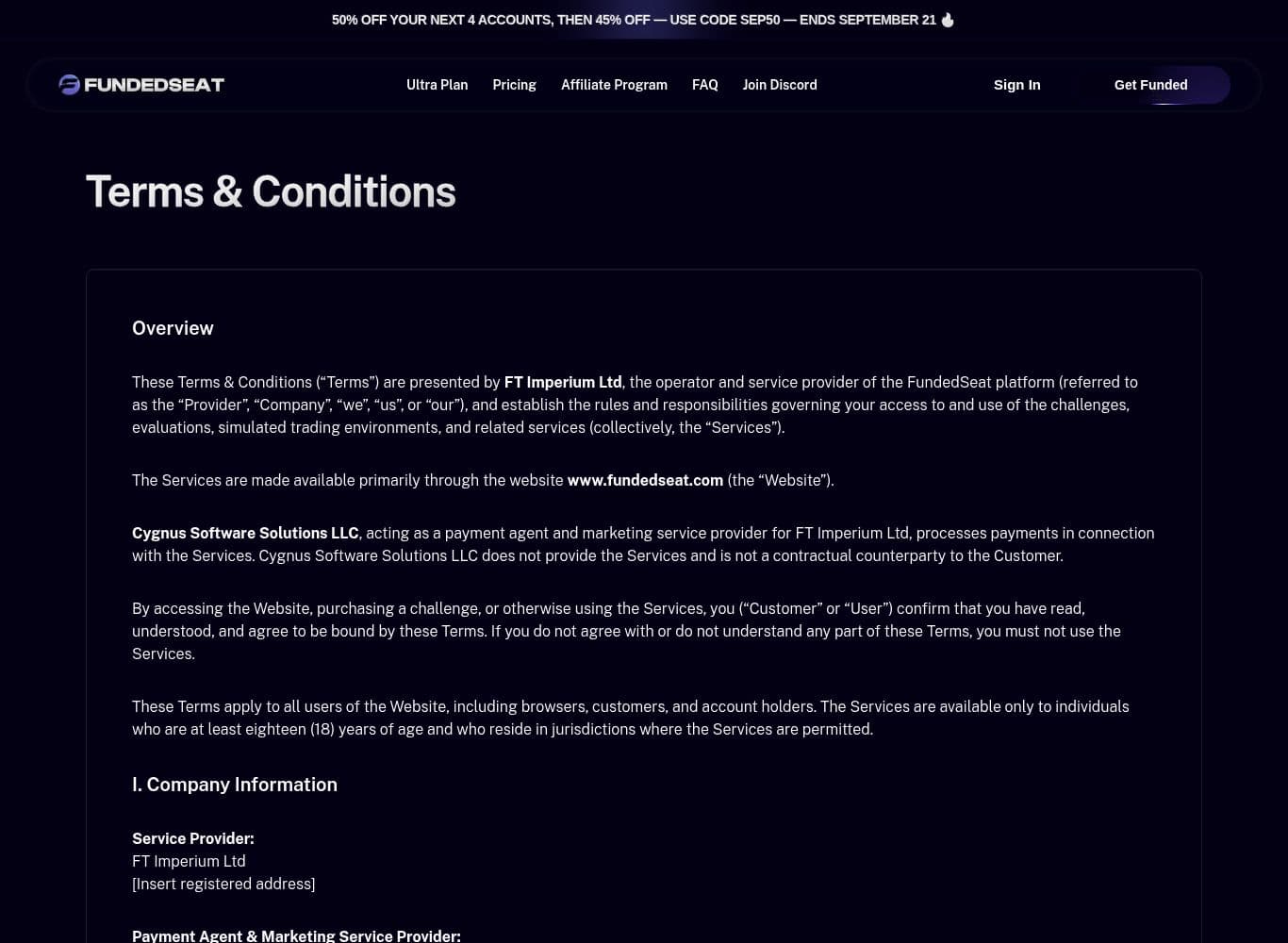 The live Terms and Conditions carrying an unfilled address placeholder in the company information section