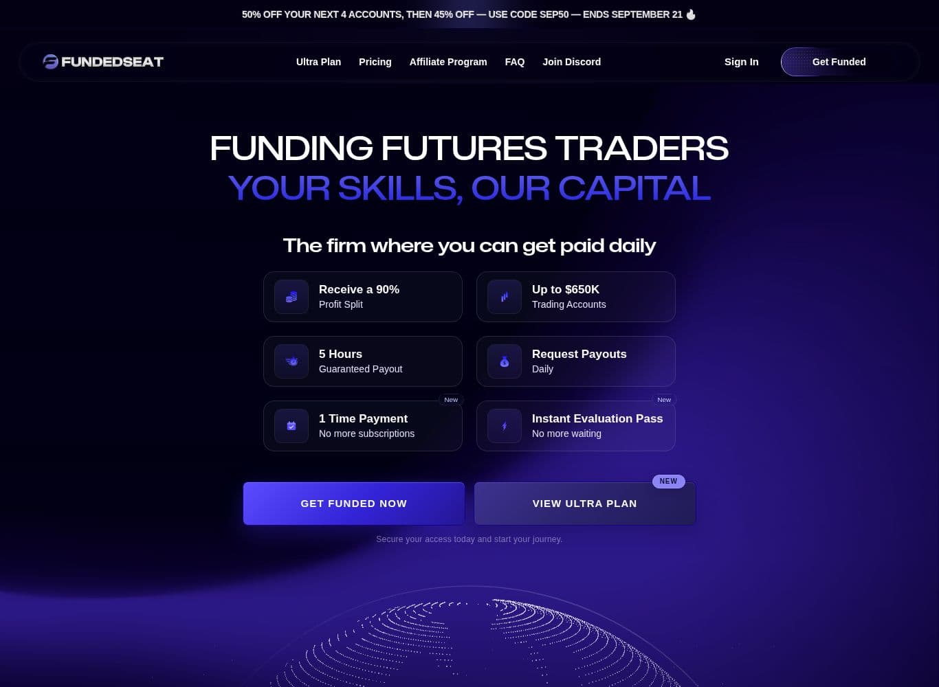 FundedSeat homepage promising No Payout Denials and a 90 percent profit split