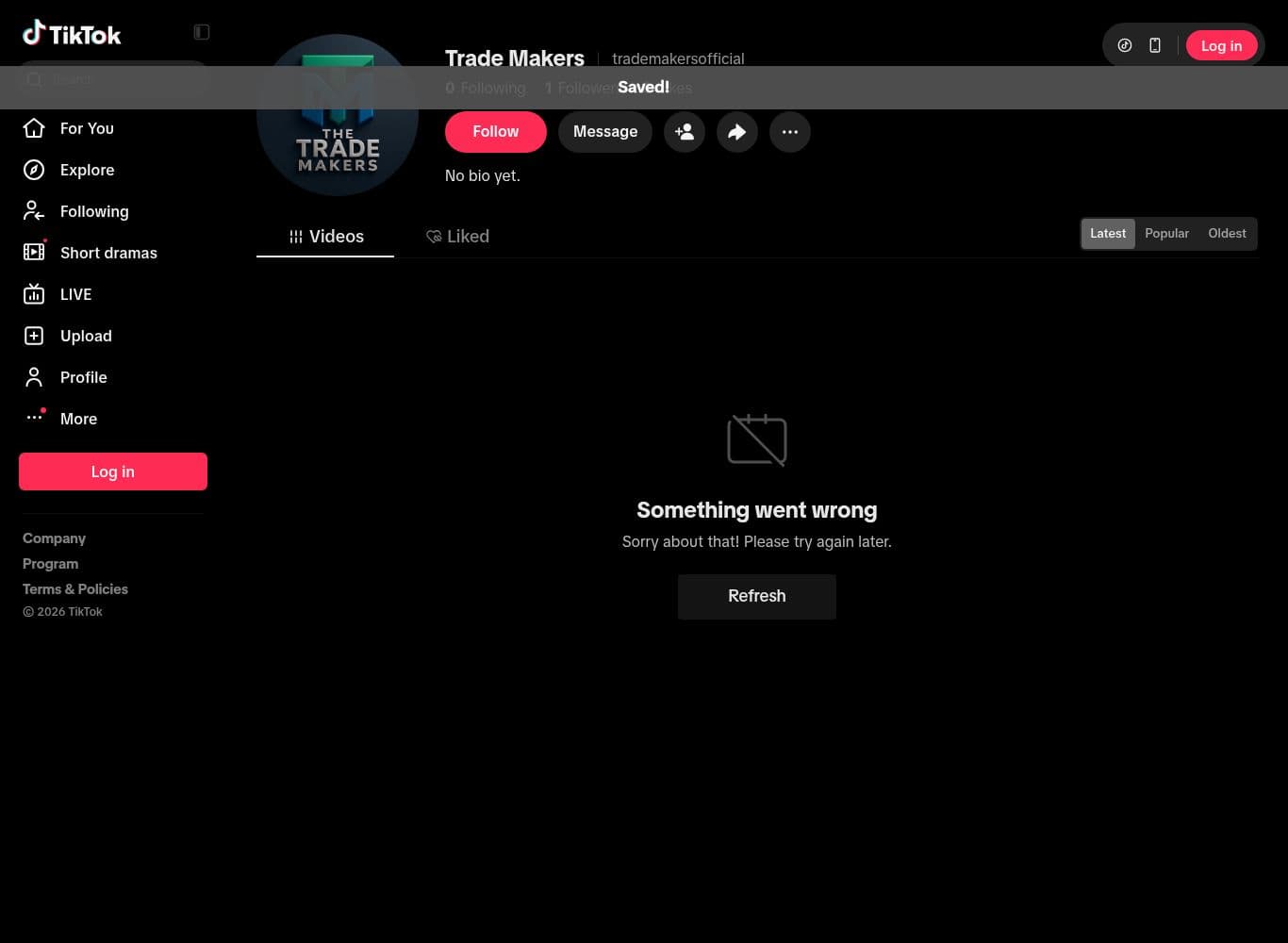 Official TikTok account with one follower and no published content
