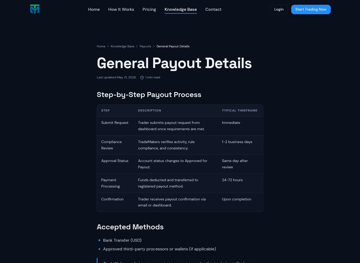Published payout process with committed review and payment timeframes