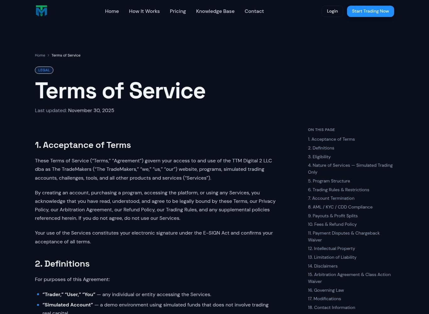Terms of Service naming TTM Digital 2 LLC and defining payouts as discretionary