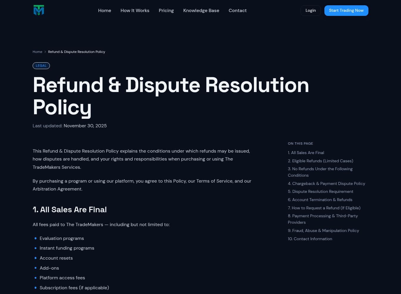 Refund Disclosure setting out non-refundable fees and payout forfeiture on a chargeback