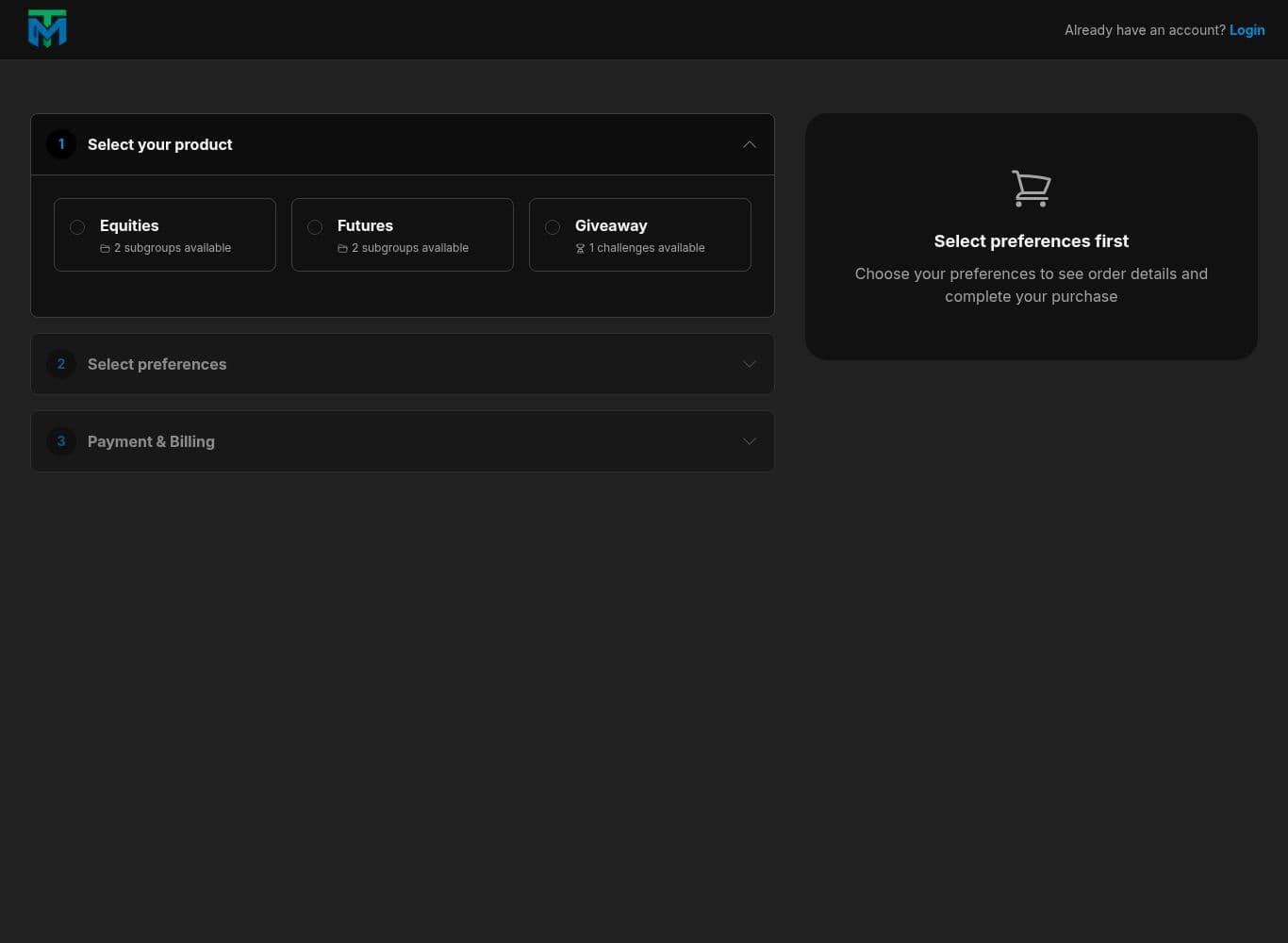 Purchase funnel showing fee-based products only, with no deposit or live-account route