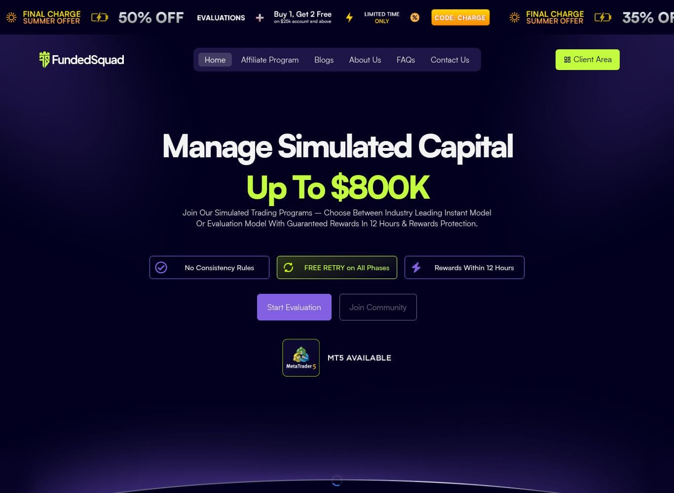 FundedSquad homepage showing the simulated capital offer, the 12 hour reward guarantee and the 100 percent reward split claim