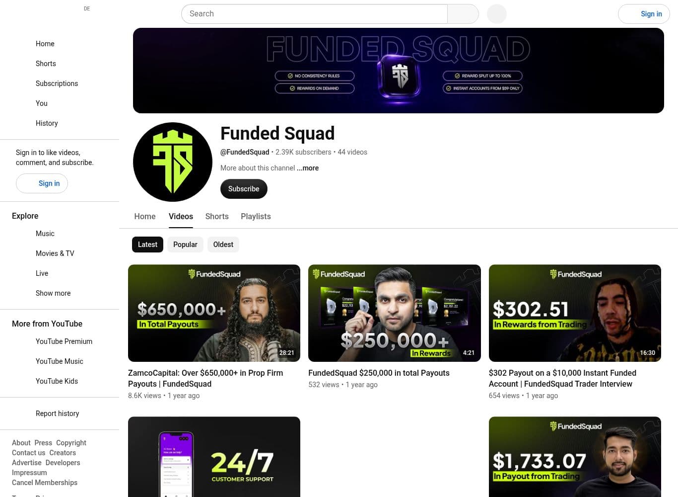 FundedSquad YouTube channel with 2.39K subscribers and no upload in about a year