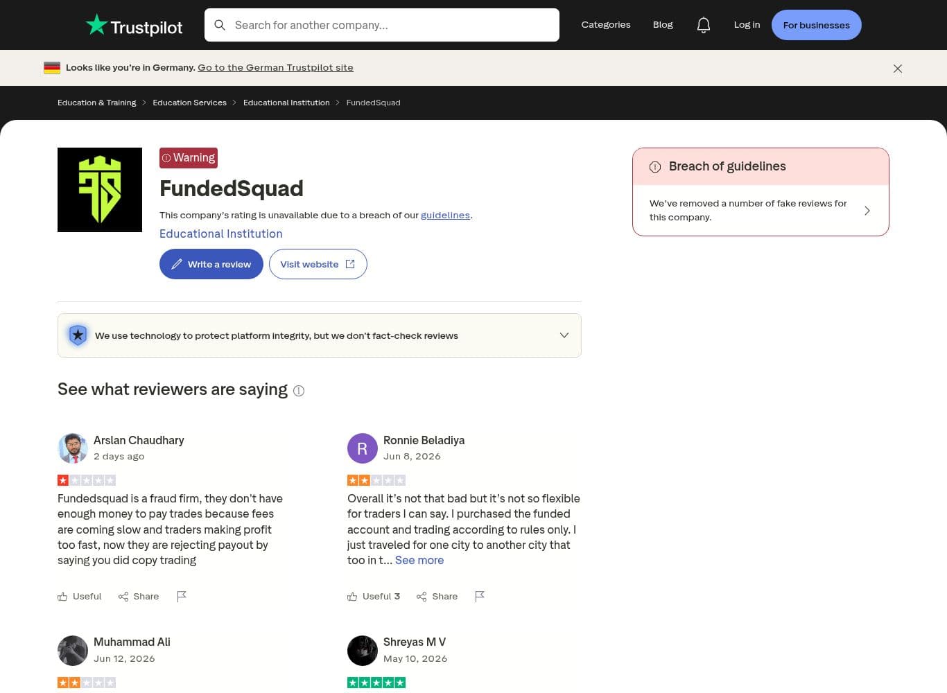 FundedSquad one-star reviews documenting payout denials with account IDs and amounts