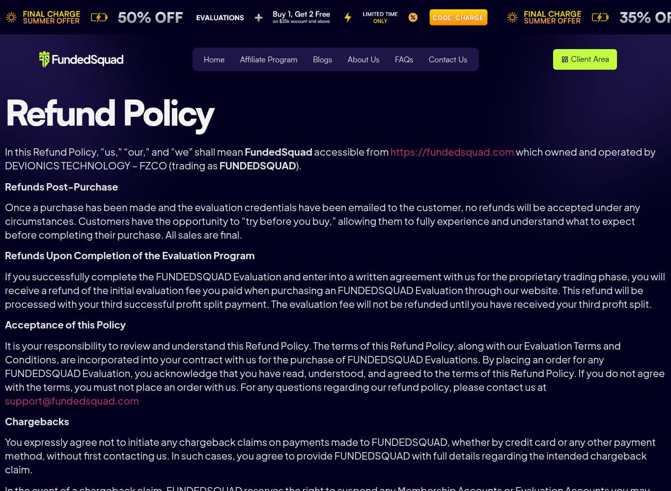 FundedSquad refund policy tying the return of the evaluation fee to a third successful profit split payment