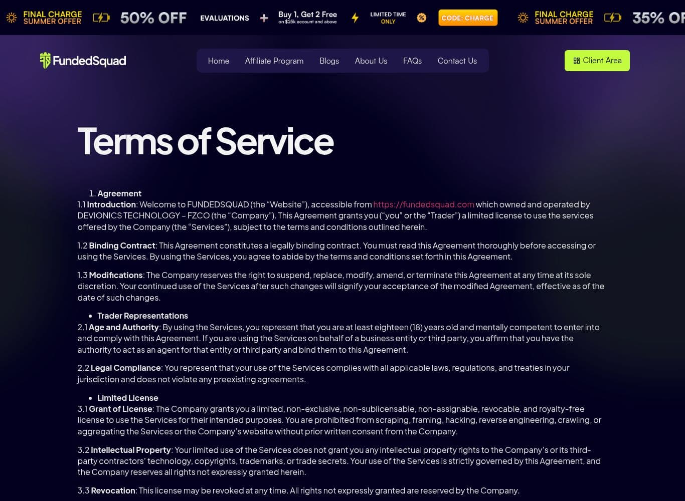FundedSquad Terms of Service containing the sole-discretion amendment clause and the disclaimer of any promise of reward