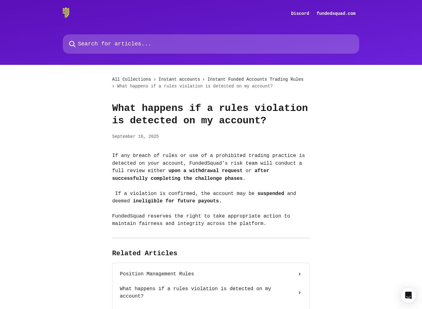 FundedSquad policy stating the risk team reviews an account upon a withdrawal request and that violations render it ineligible for future payouts
