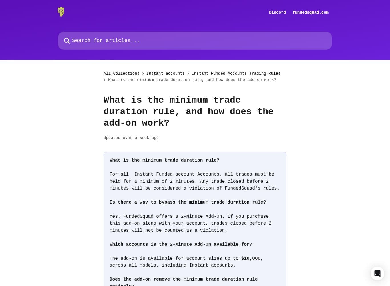 FundedSquad 2 minute minimum trade duration rule and the paid add-on that removes the violation, sold only up to $10,000 accounts