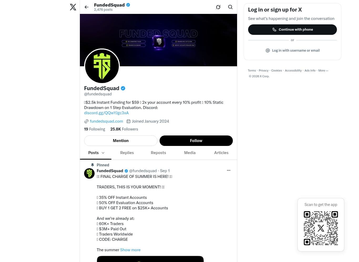 Official FundedSquad account on X linked from the site footer