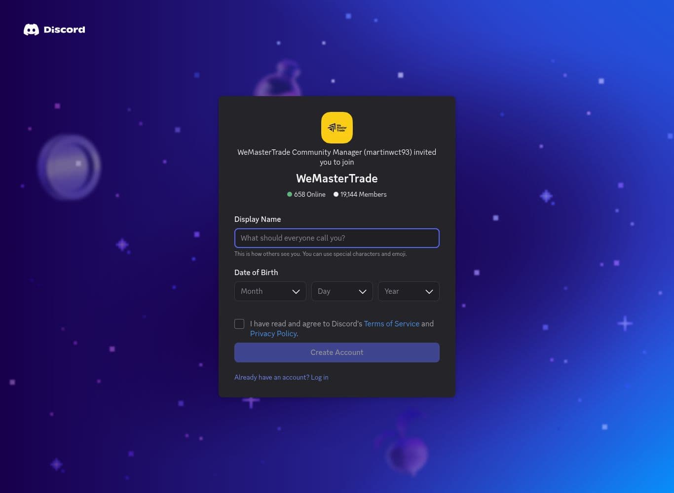 WeMasterTrade Discord invite showing member and online counts