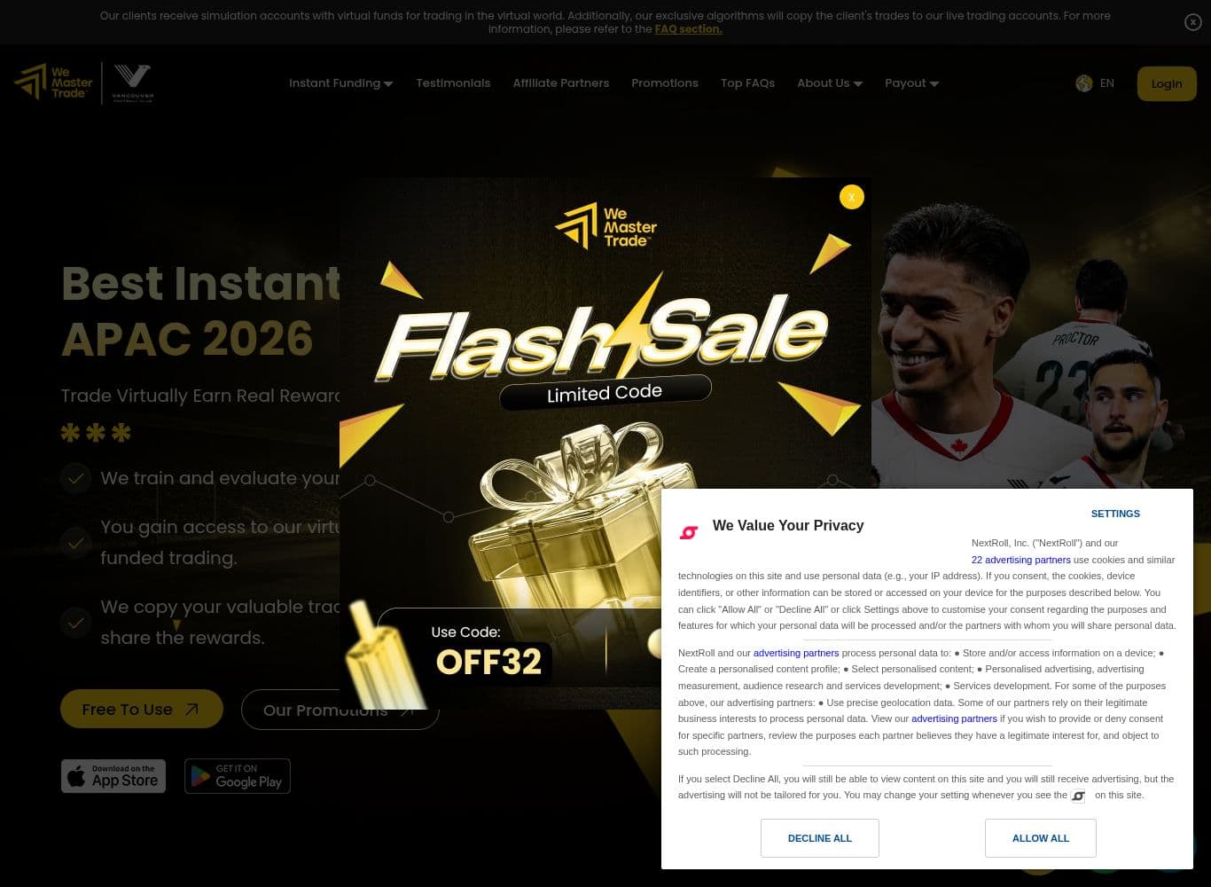 WeMasterTrade homepage showing the funded trading offer and the simulated account disclosure