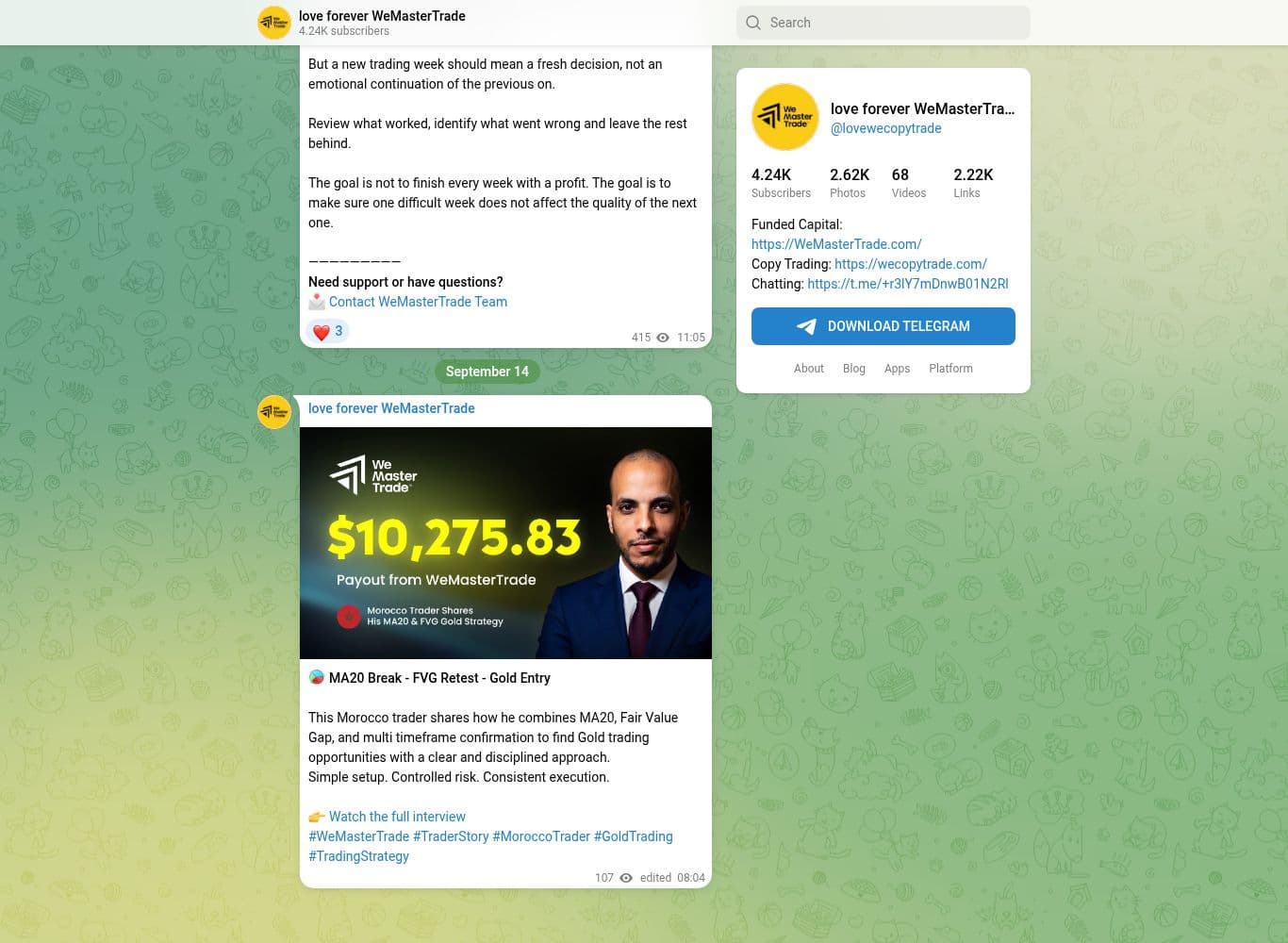 Official Telegram channel showing subscriber count and most recent post