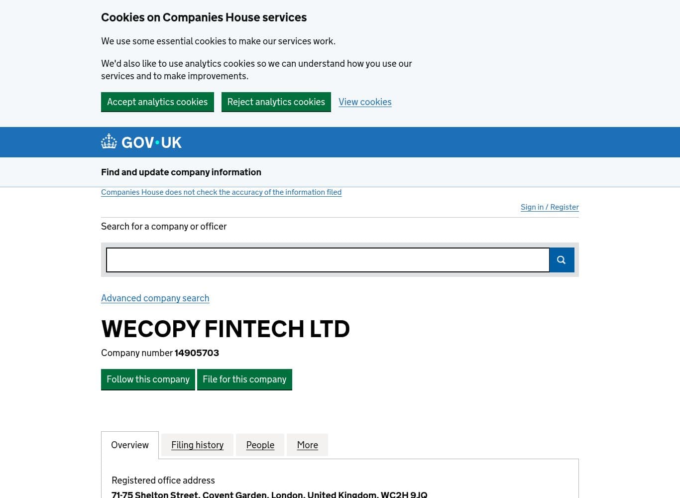 Companies House entry for the UK payment agent, formerly registered as WeCopyTrade Ltd