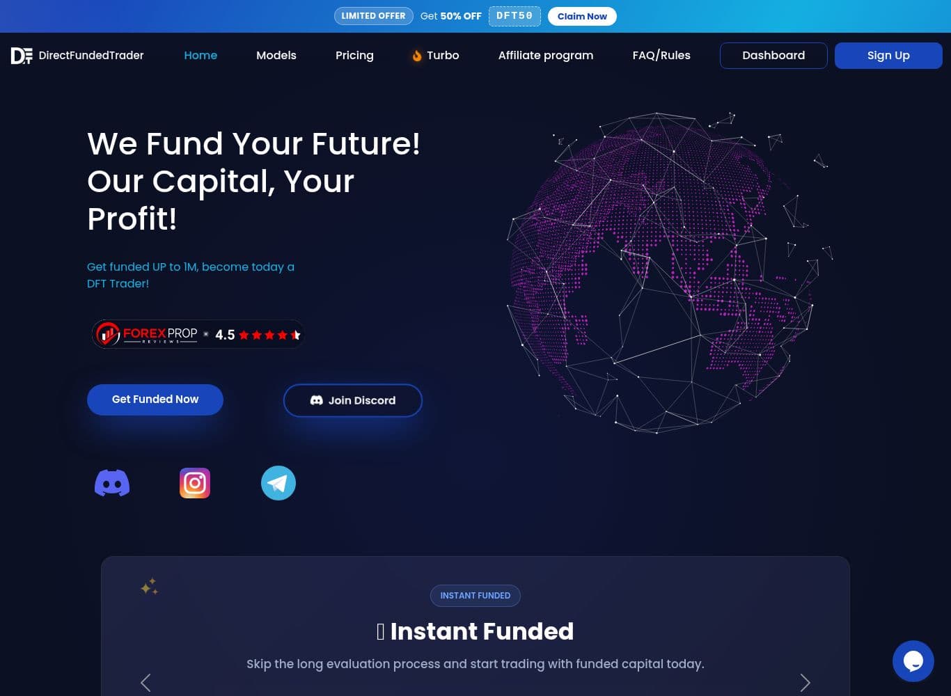Direct Funded Trader homepage showing the account configurator, profit split claims and the demo accounts only disclaimer