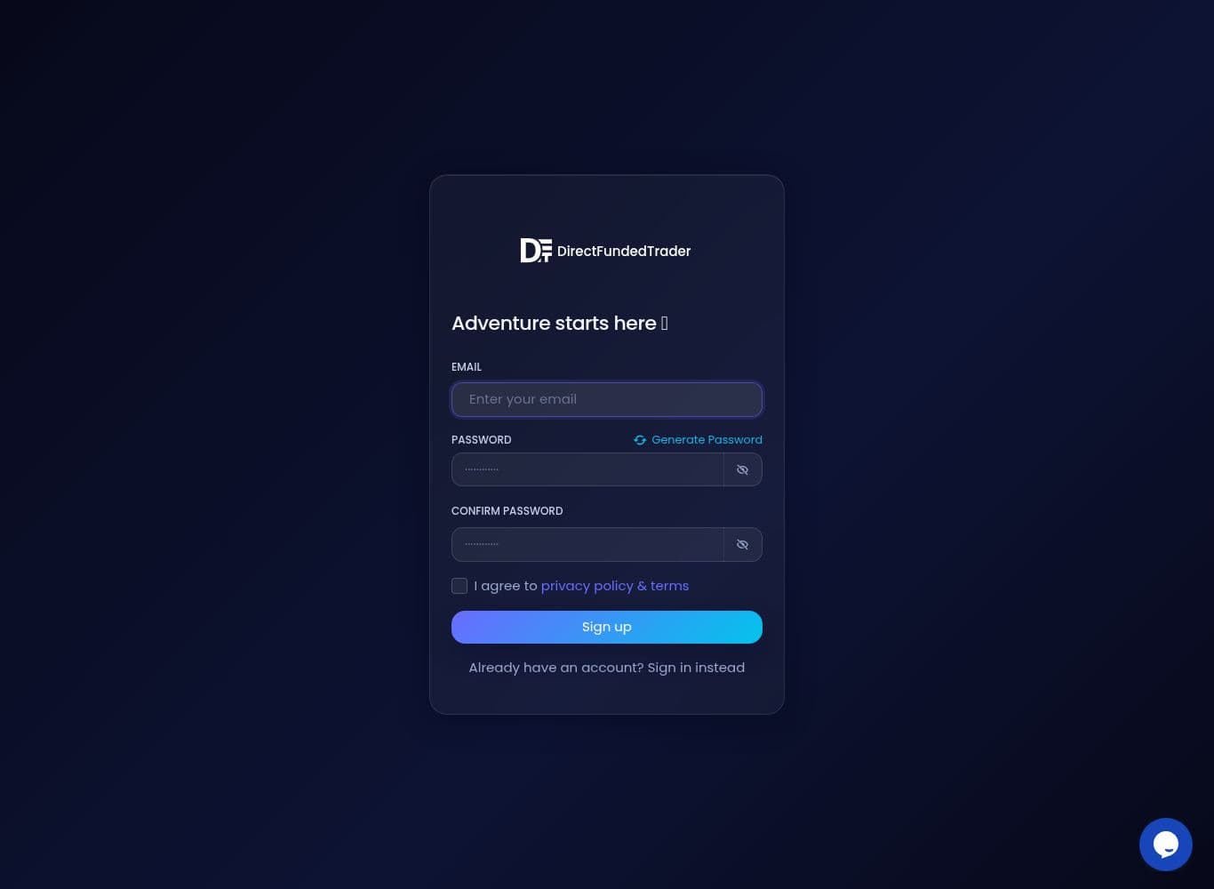 Registration funnel offering only an evaluation signup, with no live trading account route