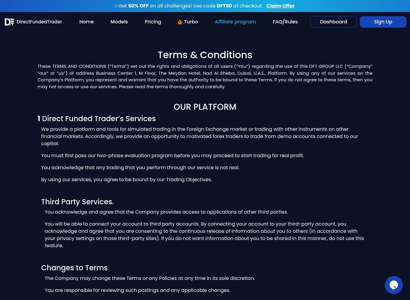 Terms and Conditions naming DFT GROUP LLC and granting the right to change the terms at any time at sole discretion