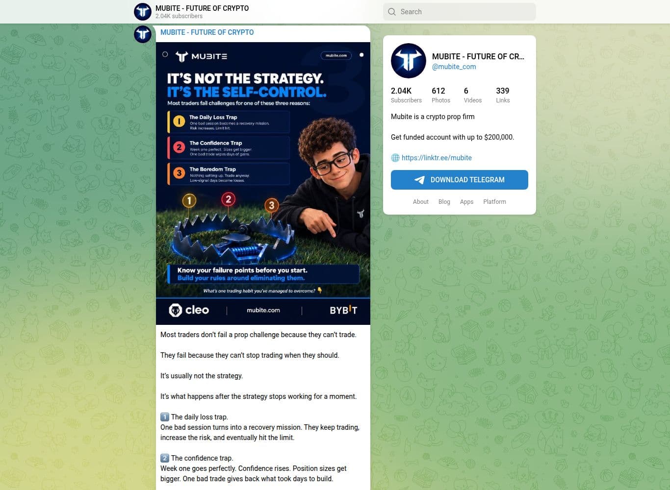 Mubite public Telegram channel showing dated payout spotlights with named traders and amounts