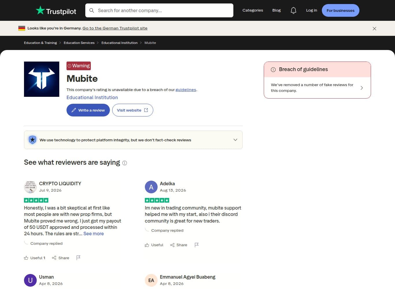 Trustpilot one and two star reviews describing payouts refused after passed evaluations