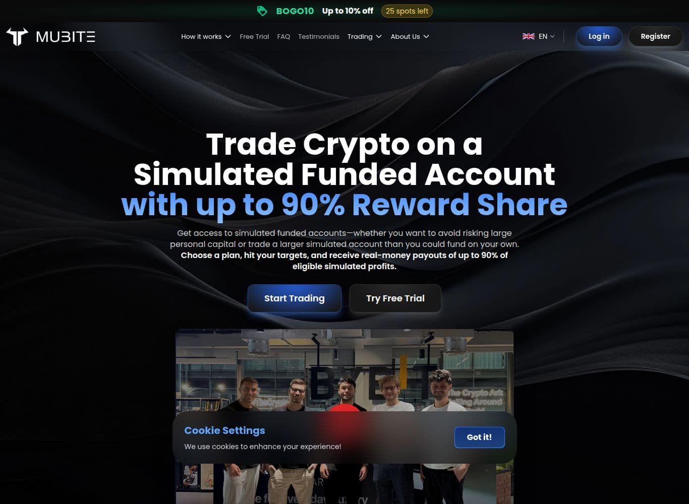 Mubite homepage showing the simulated funded account model, account sizes and profit split