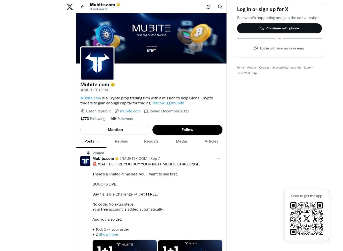 Mubite official X profile