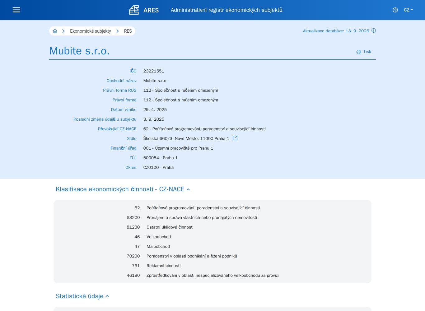 Czech business register entry for Mubite s.r.o., IČO 23221551, incorporated 29 April 2025