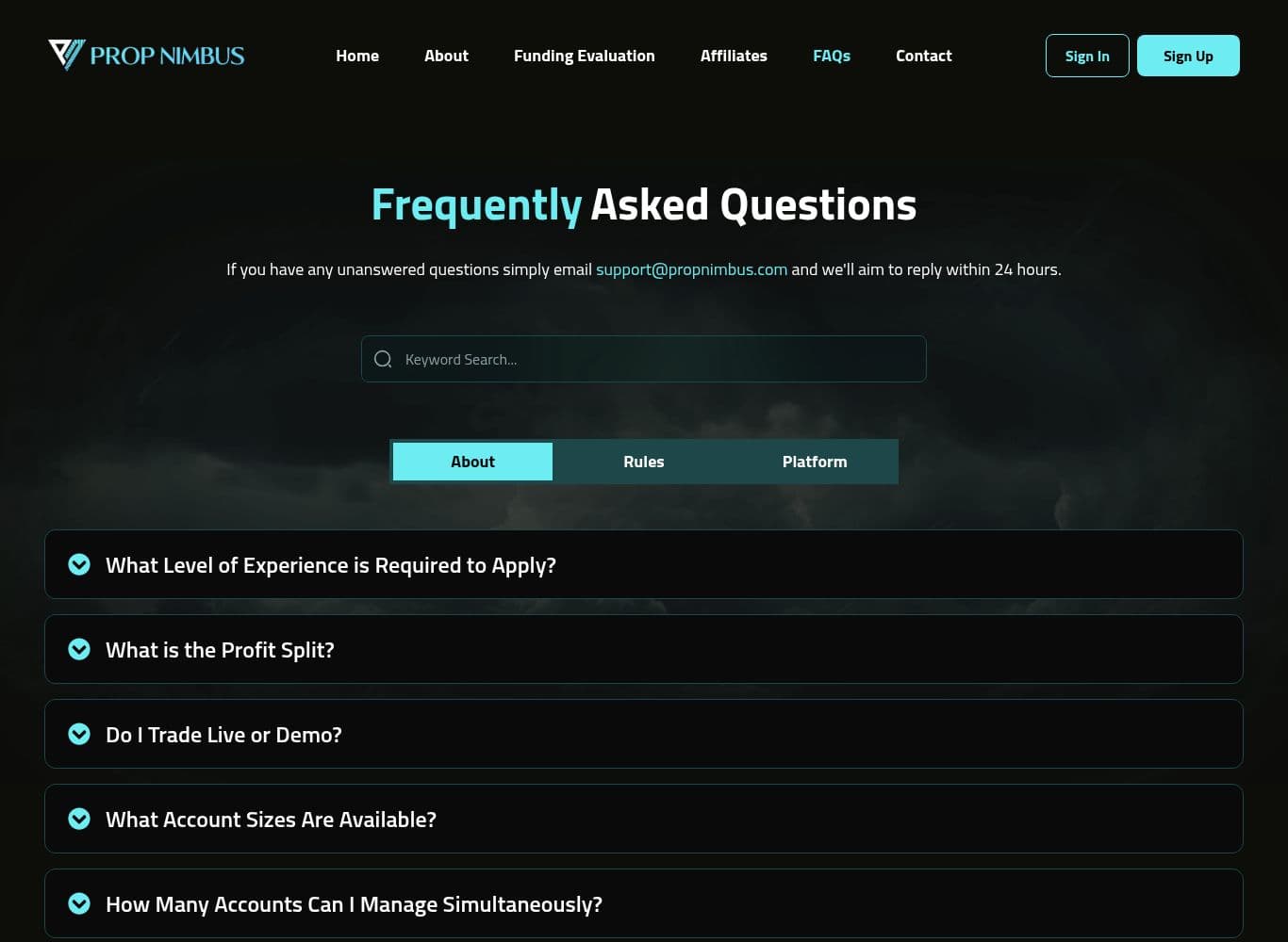 Prop Nimbus FAQ covering payouts, the live versus demo answer and the broker contact prohibition