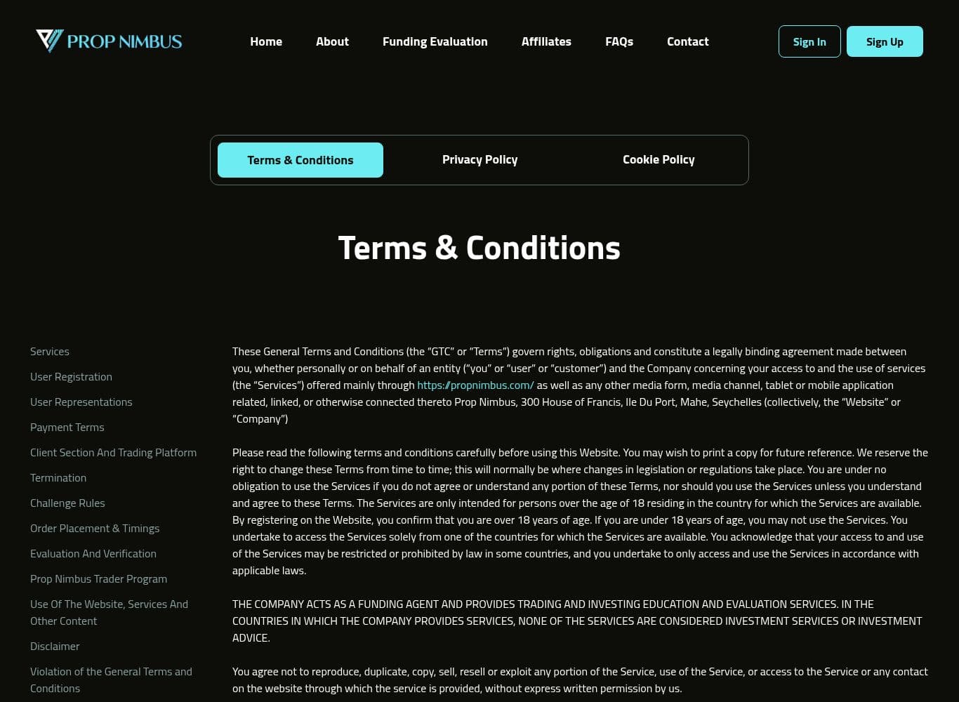 Prop Nimbus Terms and Conditions, showing the discretionary funded offer and the separate unpublished trader agreement