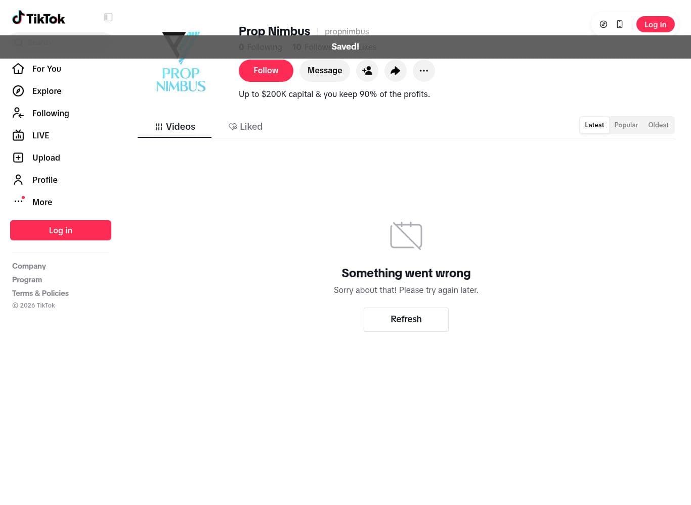 Prop Nimbus TikTok account with 10 followers