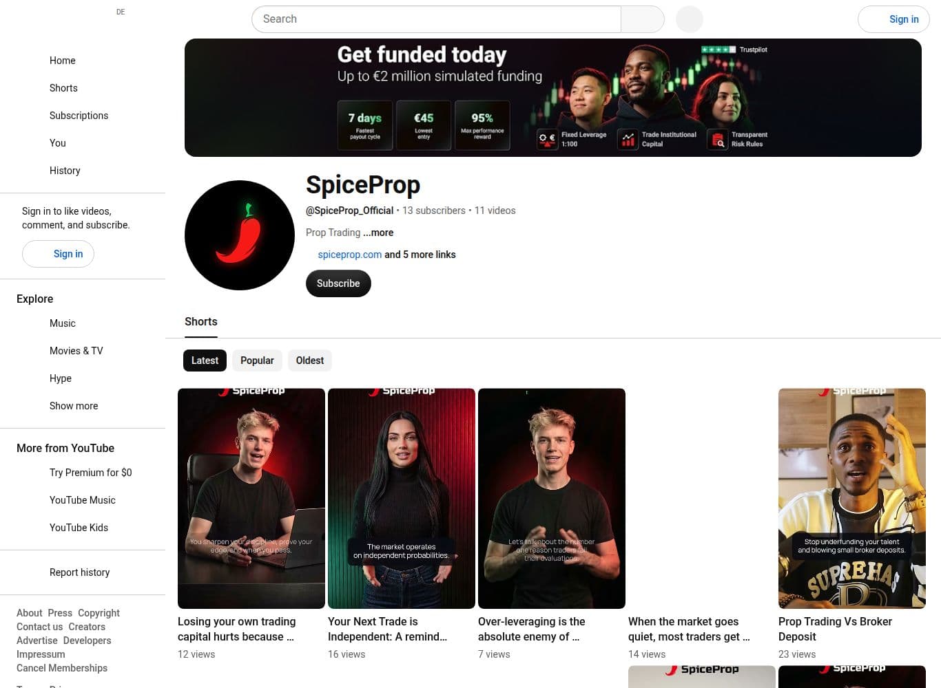 SpiceProp official video channel with 13 subscribers and 11 uploads attracting single-digit and low-teen view counts