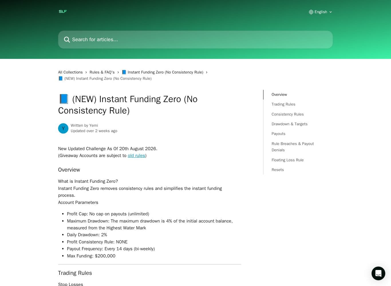 Instant Funding Zero rules stating a 70% profit split and a 4% maximum loss measured from the highest water mark