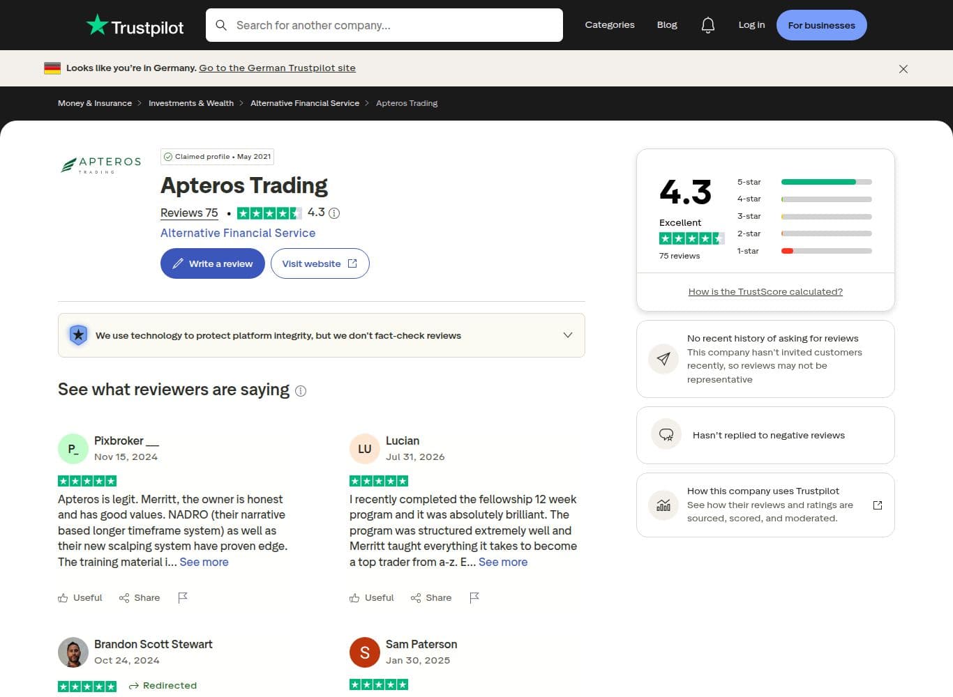 Trustpilot review from a self-identified backed trader describing passing the evaluation and being funded with live capital on a 4,000 USD drawdown