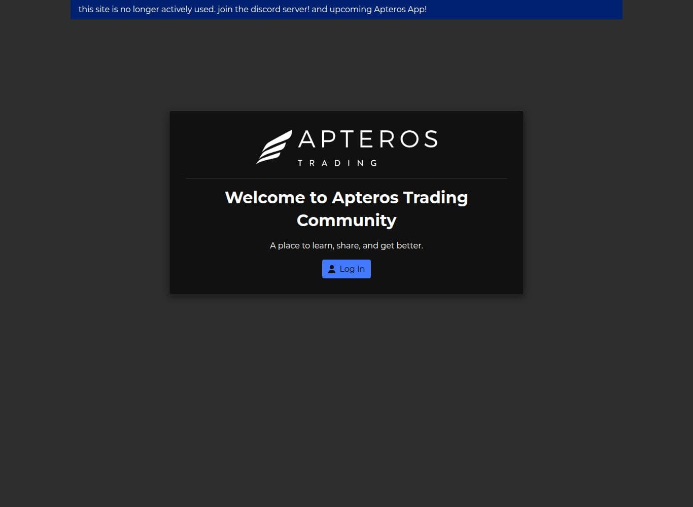 Apteros public community forum carrying a notice that the site is no longer actively used and directing members to Discord