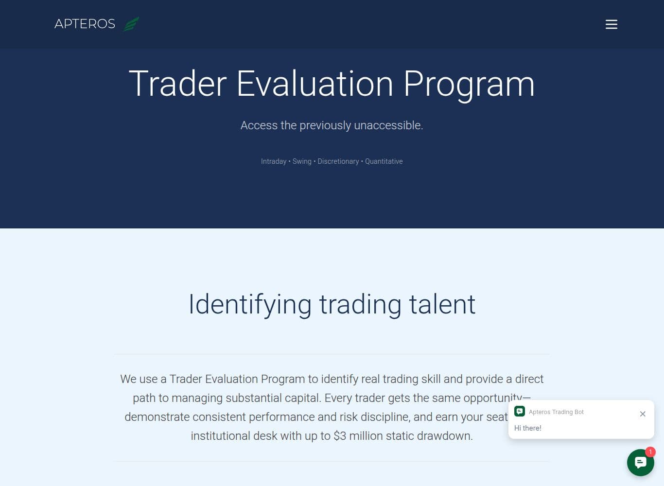 Apteros Trader Evaluation Program page showing the 499 USD one-time fee, 100,000 USD simulated balance, 5,000 USD trailing drawdown and 2.5 percent daily loss limit