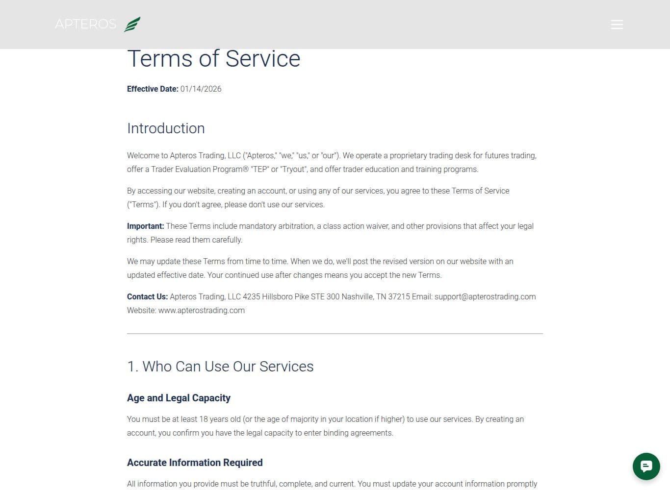 Apteros Trading Terms and Conditions naming the operating entity and carrying the termination and forfeiture provisions