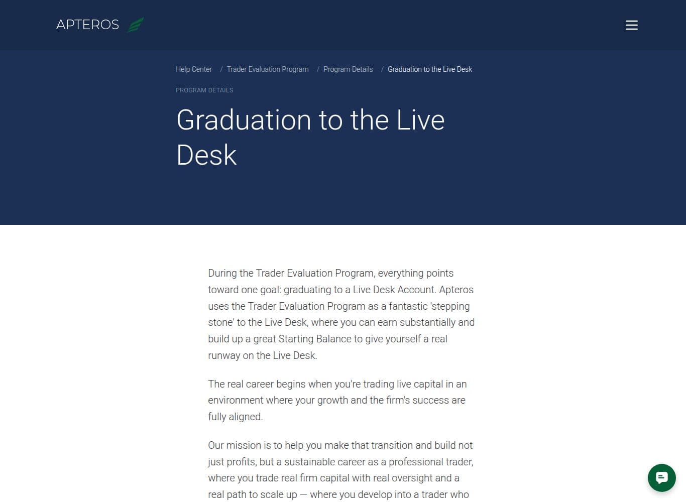 Apteros graduation article stating that evaluation profits cannot be withdrawn and convert instead into Live Desk starting balance