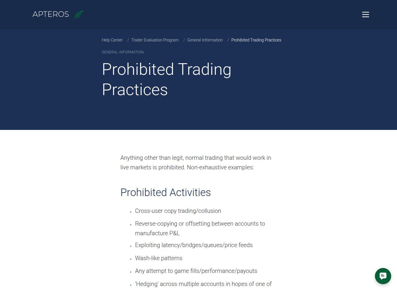 Apteros prohibited trading practices article reserving full discretion to close accounts and forfeit payouts after review