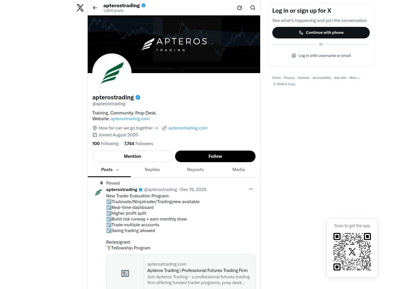 Official Apteros Trading account on X, linked from the firm's site footer