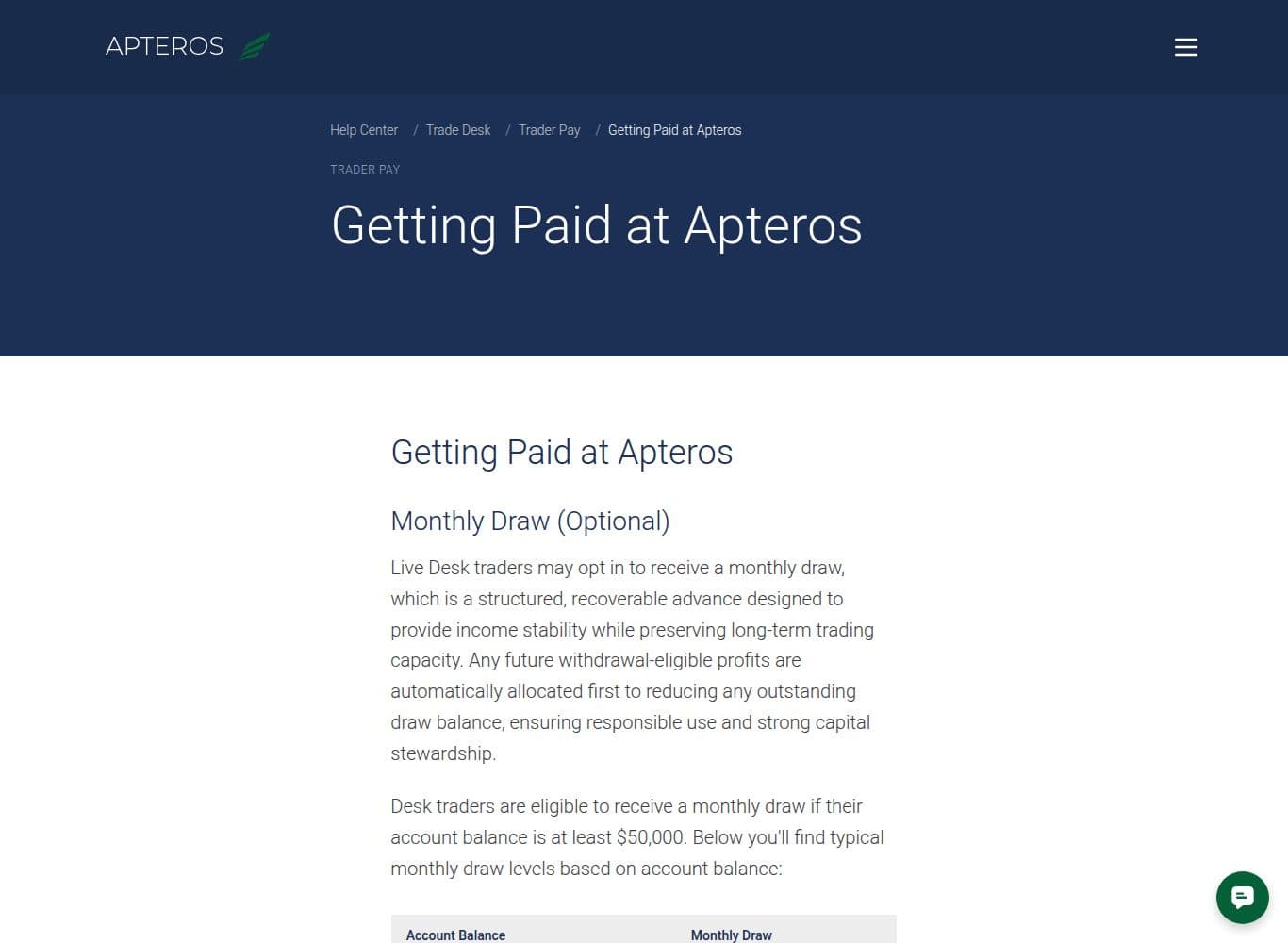 Apteros help centre article setting out the 80/20 profit split, on-demand withdrawals of realized end-of-day P&L and the monthly draw tiers