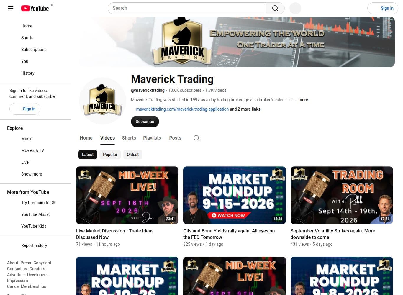 Official YouTube channel showing 13.6 thousand subscribers, 1,700 videos and near-daily uploads